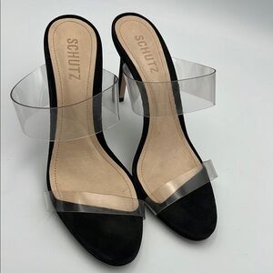 SCHUTZ Ariella Black Leather & Suede Clear Heels Sandals WMNS SZ 8.5B NEW W/Tag